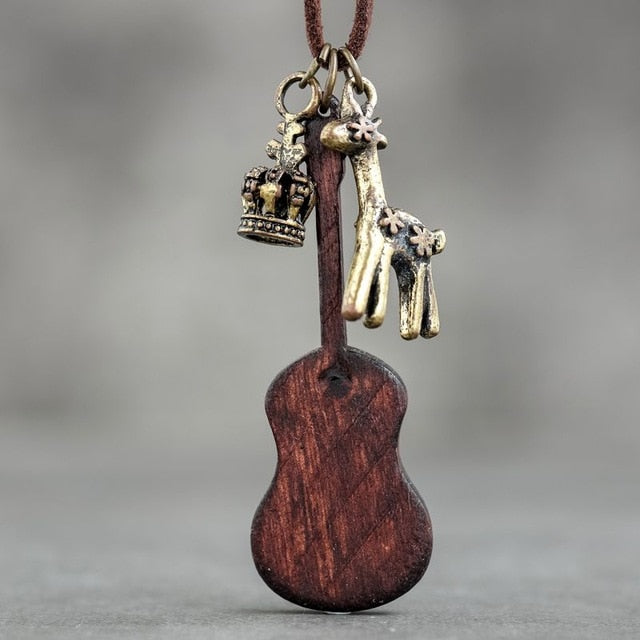 Vintage Wooden Guitar Chains Necklace