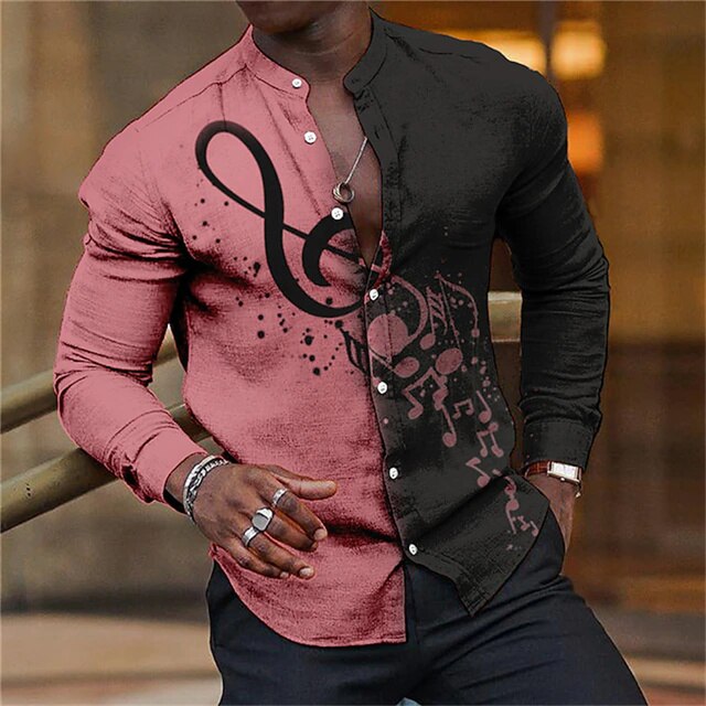 music note dress shirt Button Up Shirt Black White Keyboard Musical Piano & Music Notes Color Block Men