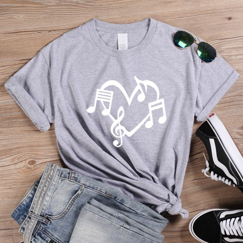 Music Notes Heart Love Graphic T-shirt - Gray-White / XS - { shop_name }} - Review