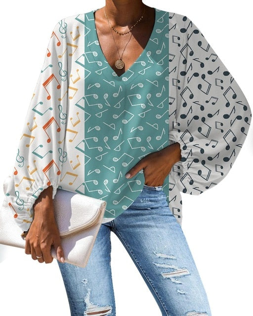 Music Notes V Neck Blouse