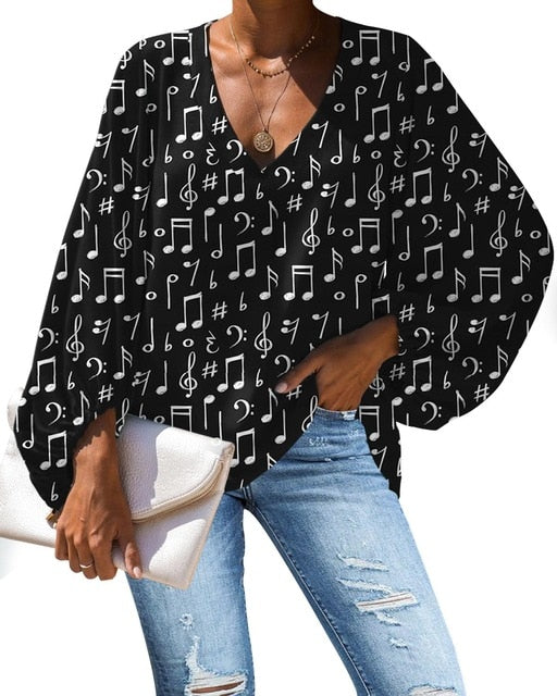Music Notes V Neck Blouse