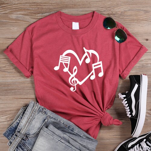 Music Notes Heart Love Graphic T-shirt - HeatherRed-White / XS - { shop_name }} - Review
