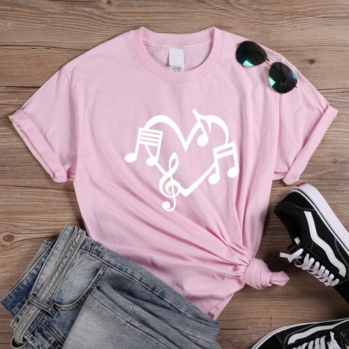 Music Notes Heart Love Graphic T-shirt - Pink-White / XS - { shop_name }} - Review