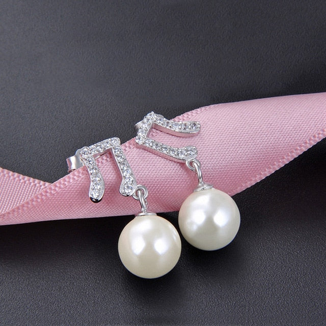 Silver Music Notes Pearl Earrings
