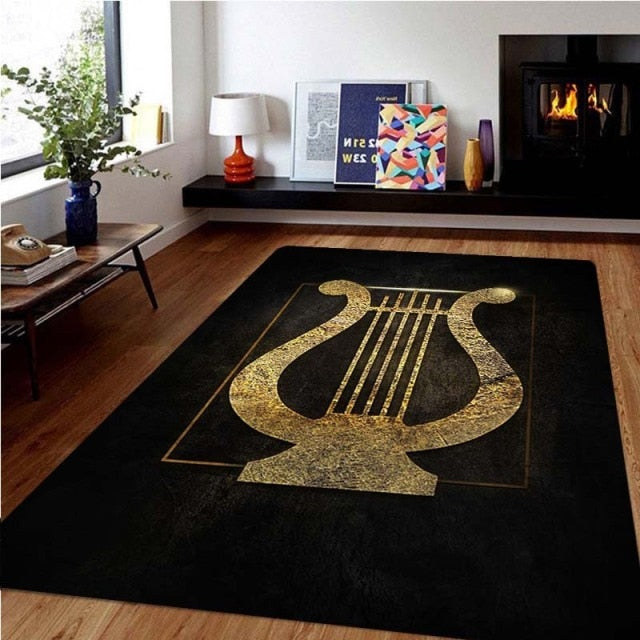 Music Print Black Rug