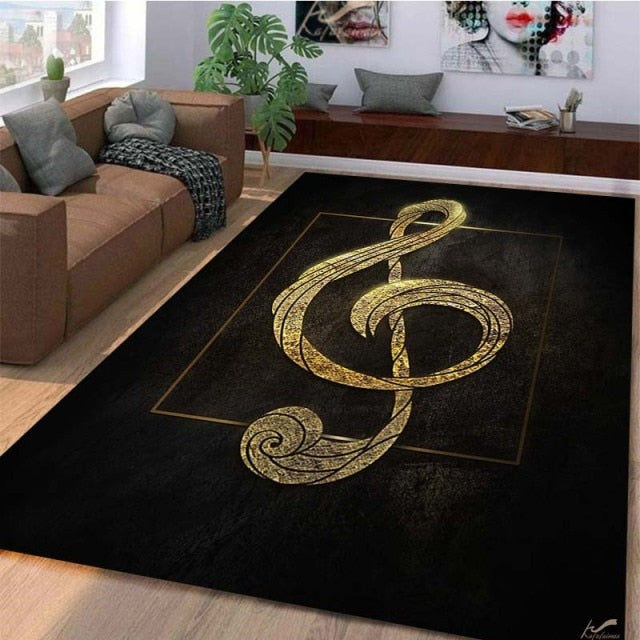 Music Print Black Rug