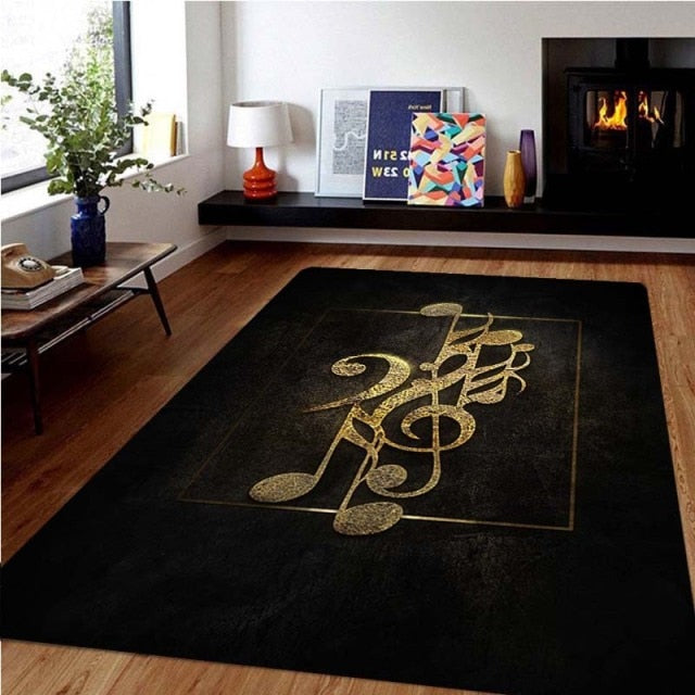 Music Print Black Rug