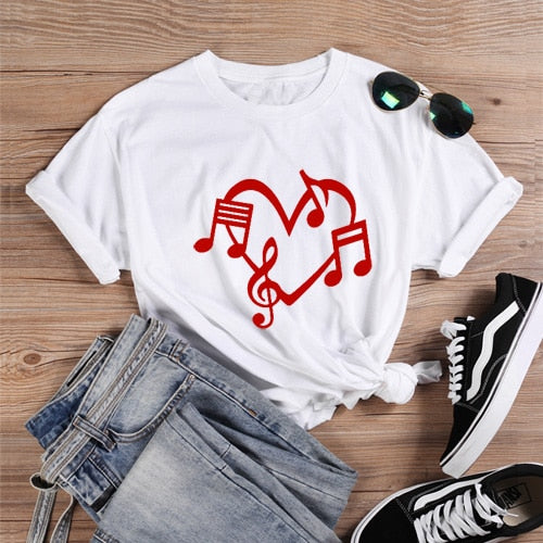Music Notes Heart Love Graphic T-shirt - White-Red / XS - { shop_name }} - Review