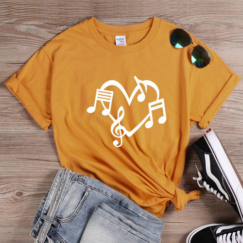 Music Notes Heart Love Graphic T-shirt - Yellow-White / XS - { shop_name }} - Review