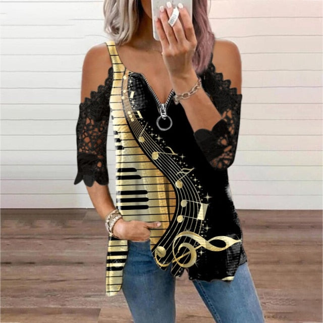 Music Patchwork Off Shoulder T-shirt