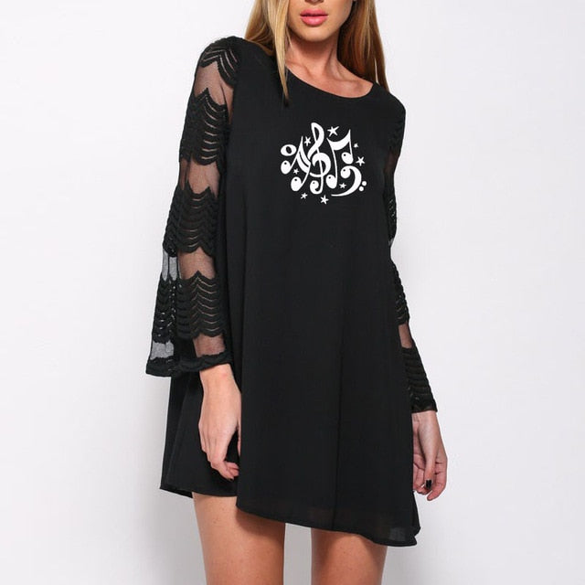 Music Stars Print Mesh Lace Dress