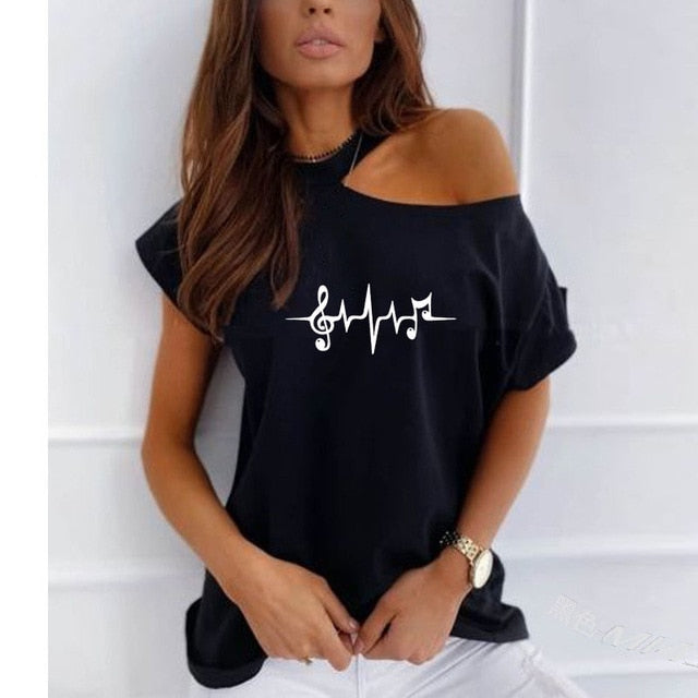 Music Heartbeat Print Off-Shoulder Tee
