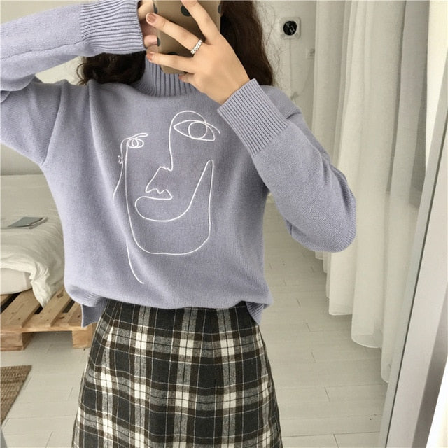 Geometric Face Turtleneck Pullover