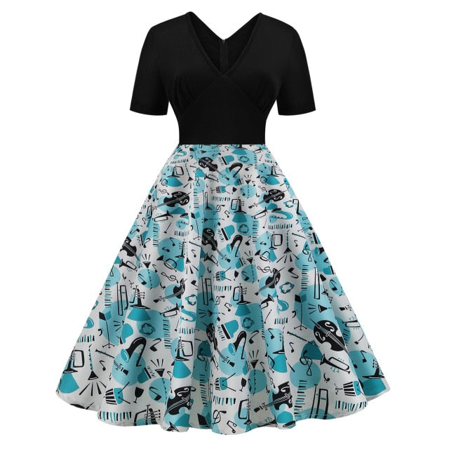 Vintage Music Notes V-neck Dress