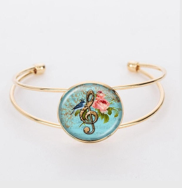 Glass Cabochon Music Notes Bracelet