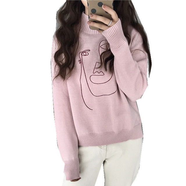 Geometric Face Turtleneck Pullover