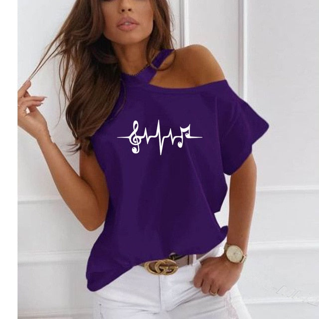 Music Heartbeat Print Off-Shoulder Tee