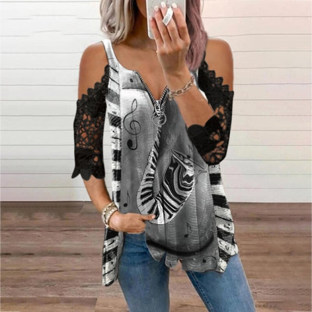 Music Patchwork Off Shoulder T-shirt