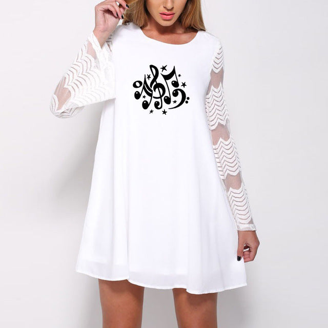 Music Stars Print Mesh Lace Dress